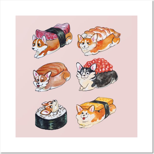 Sushi Corgi Watercolor Wall Art by huebucket